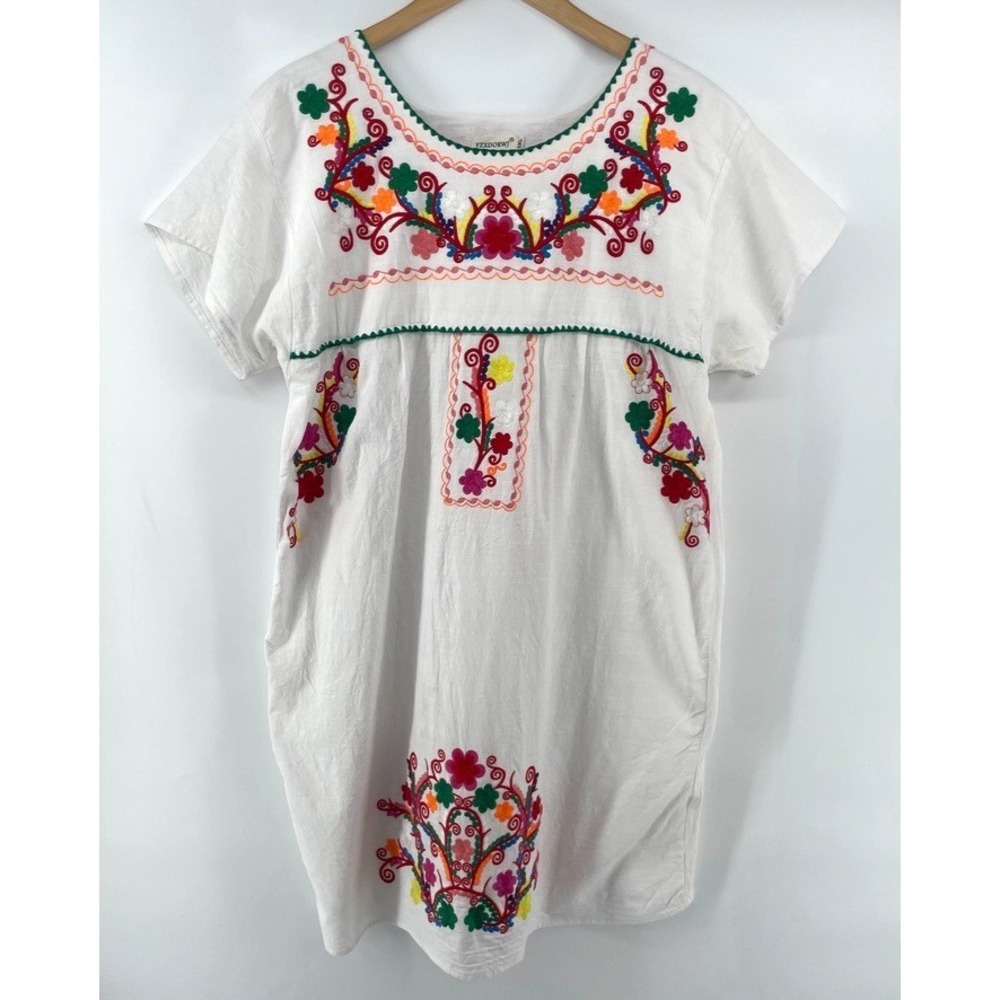 Yzxdorwj Dress Mexican Traditional White Embroidered Floral Cotton Boho *XL READ